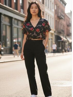 Jodi Michaels Vintage Black Satin Floral Button Front Boxy Crop Top Size S